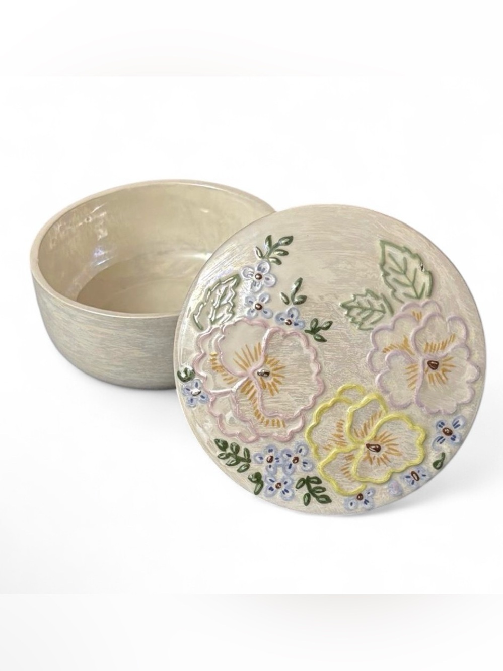 vintage iridescent lusterware ceramic trinket box featuring a floral lid